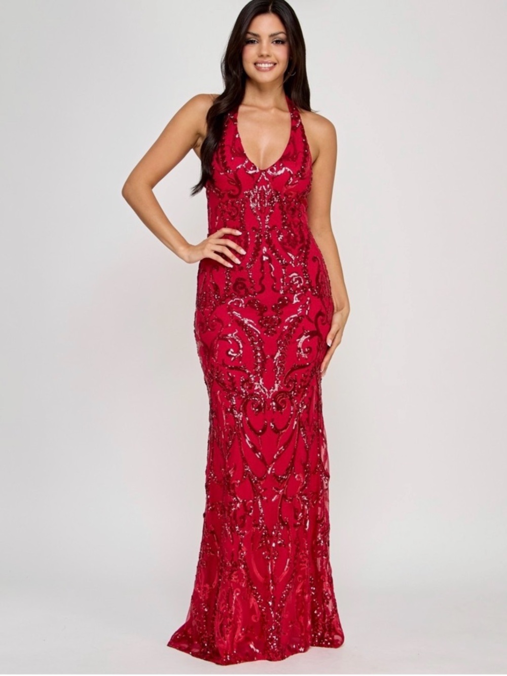 B Darlin Size 0 Red Sequin Halter Maxi Gown Embellished Dress Sexy long